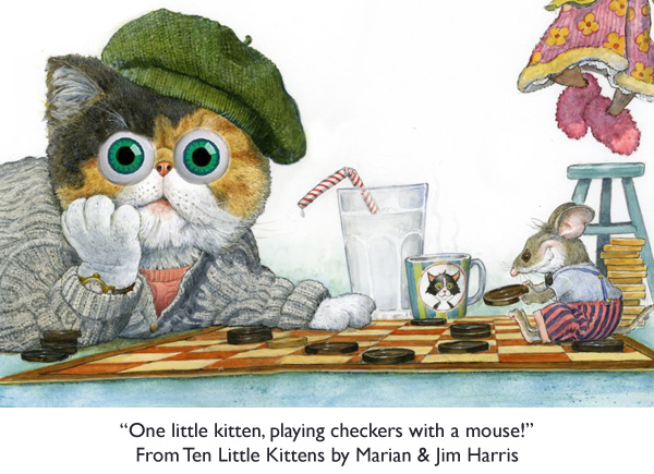 The Calico Kitten plays checkers with his friend, the mouse.